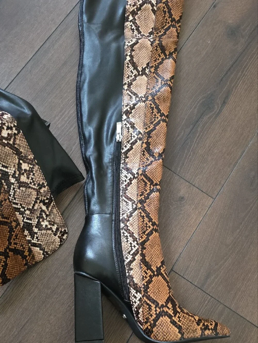 Akira Over-the-Knee Snake‎ Print and Black Block Heel Boots NWT